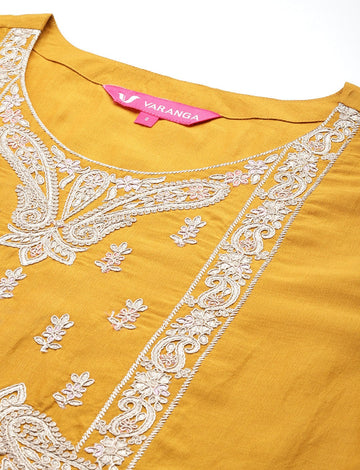 Mustard Embroidered Straight Kurta Paired With Tonal Bottom And Dupatta
